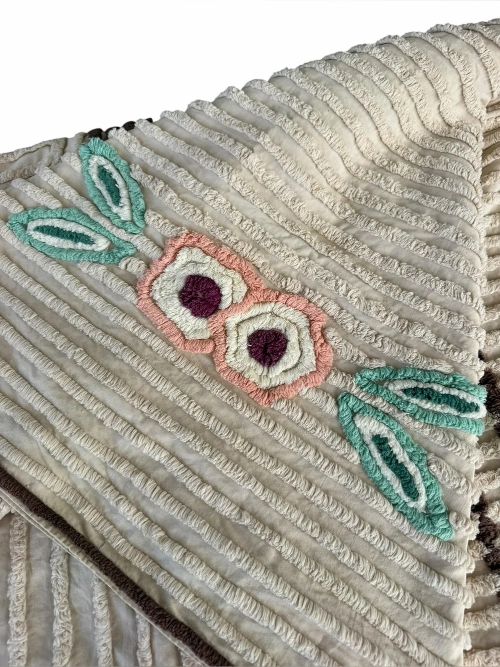 Vintage Tufted Chenille Coverlet Geometric Floral Brown Pink 72x100 GUC